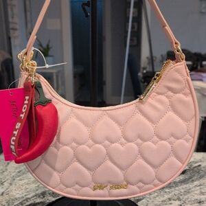 Betsey Johnson Light Pink Quilted Heart Shoulder Bag with Chili Charm